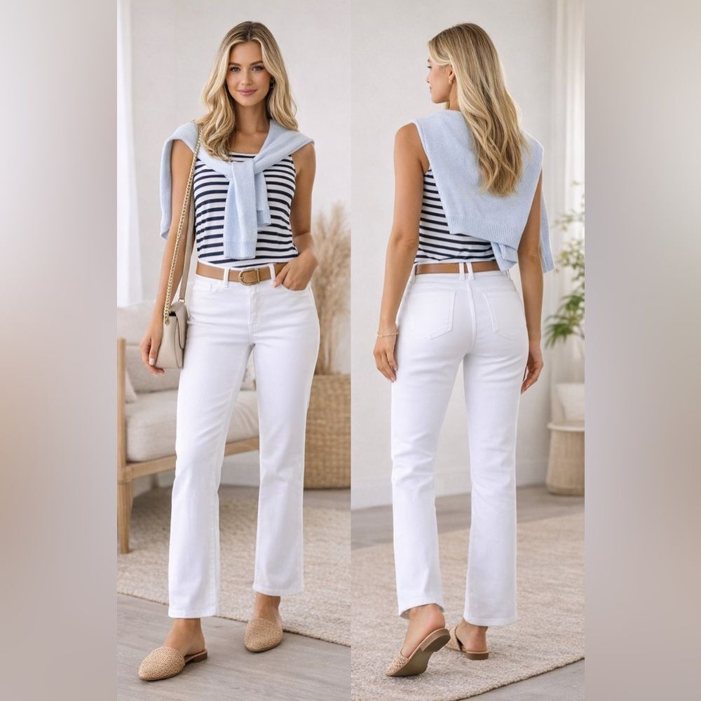 Elliott Lauren White Straight Leg Jeans Cropped Mid Rise Stretch Denim Size 6
